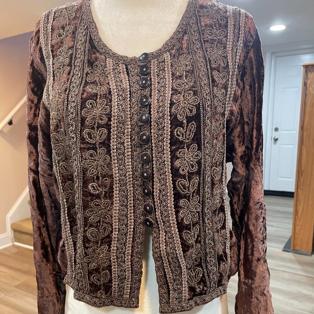 Brown Velvet Embroidered Top with Buttons, size L